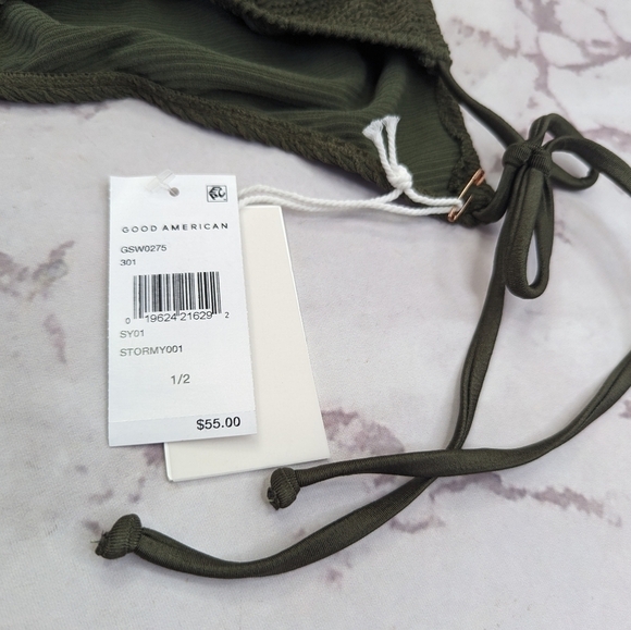 Good American Swim Bottom Women 1 2 S M Stormy Green Crinkle Tiny Ties Bikini - Picture 9 of 12